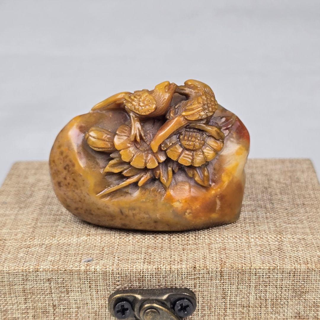 古文房具 本物寿山石 手彫 篆刻 比翼鳥紋 雅趣印章 置物 清代山彦作在銘