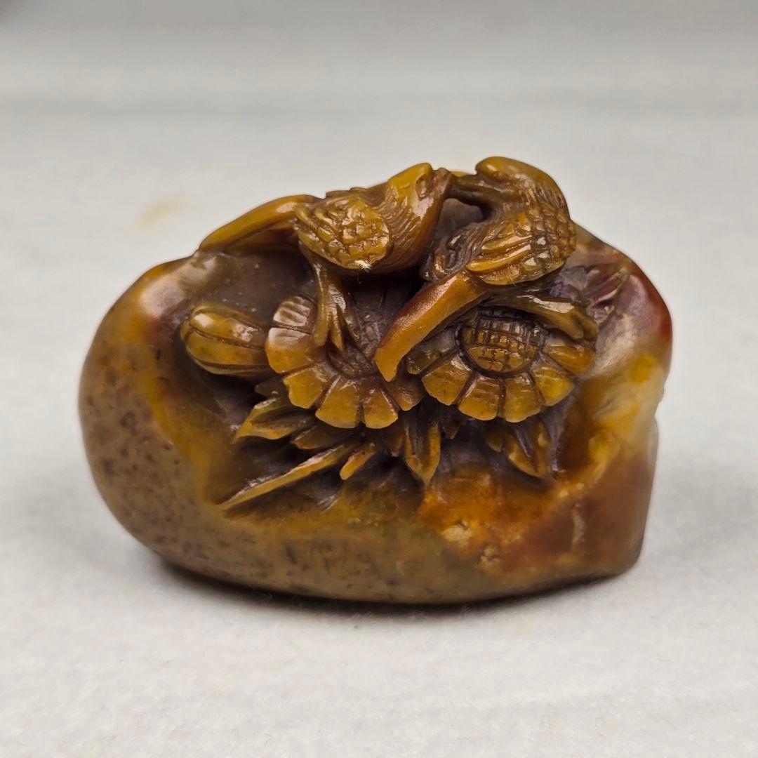 古文房具 本物寿山石 手彫 篆刻 比翼鳥紋 雅趣印章 置物 清代山彦作在銘