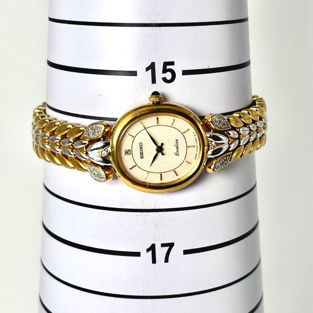 【稼働品】セイコー エクセリーヌ ゴールドベゼル クォーツ 腕時計 4Pストーン