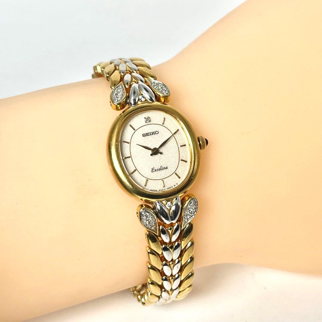 【稼働品】セイコー エクセリーヌ ゴールドベゼル クォーツ 腕時計 4Pストーン