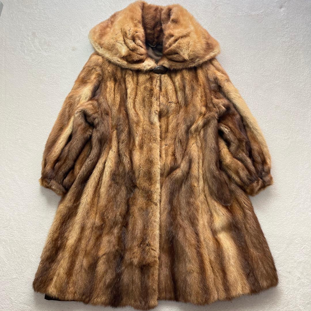毛皮 ミンク ゴールデンミンク パステルカラー ビッグカラー ロングコート 裾広