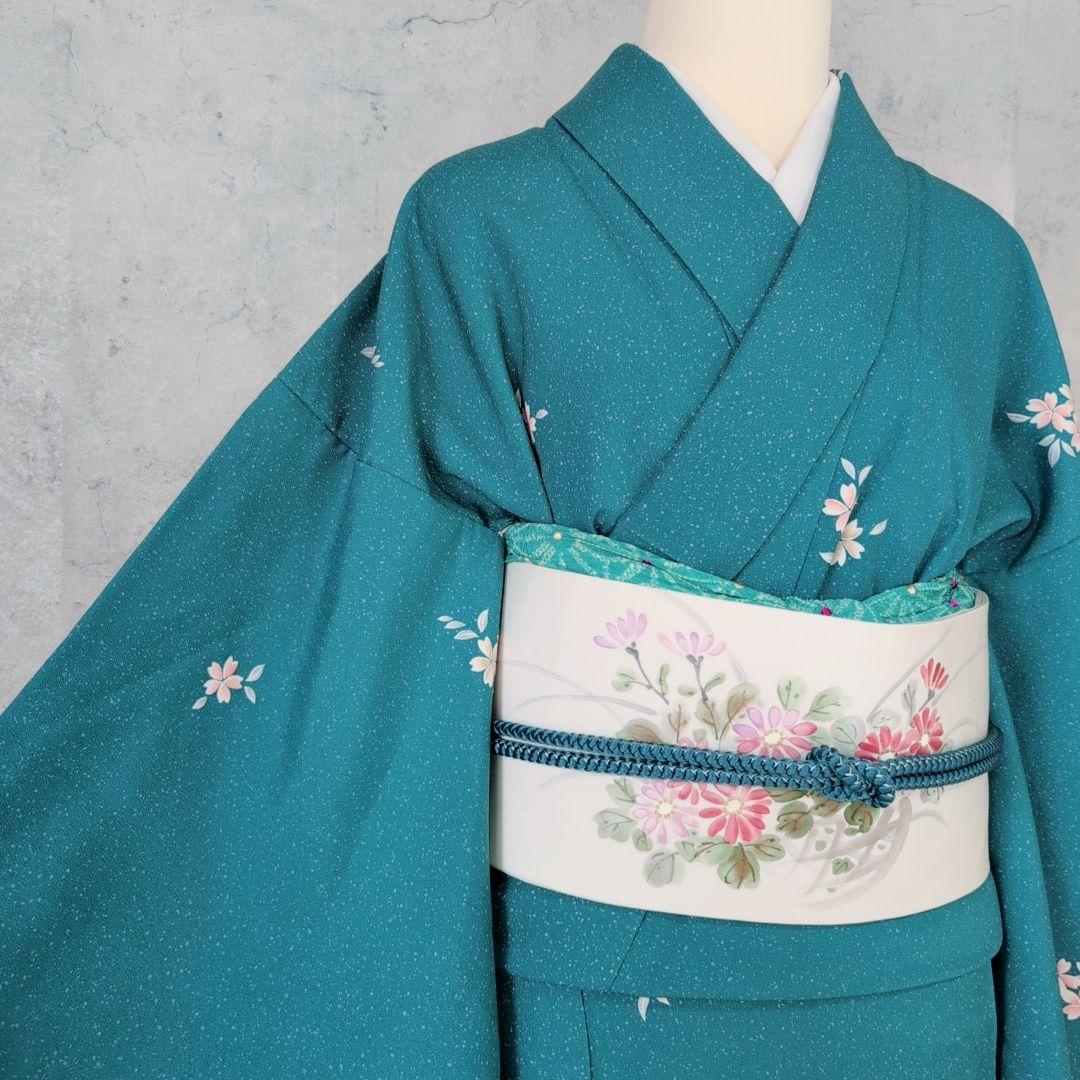 小紋　フルセット　着物　青緑　桜　着物美品　F5