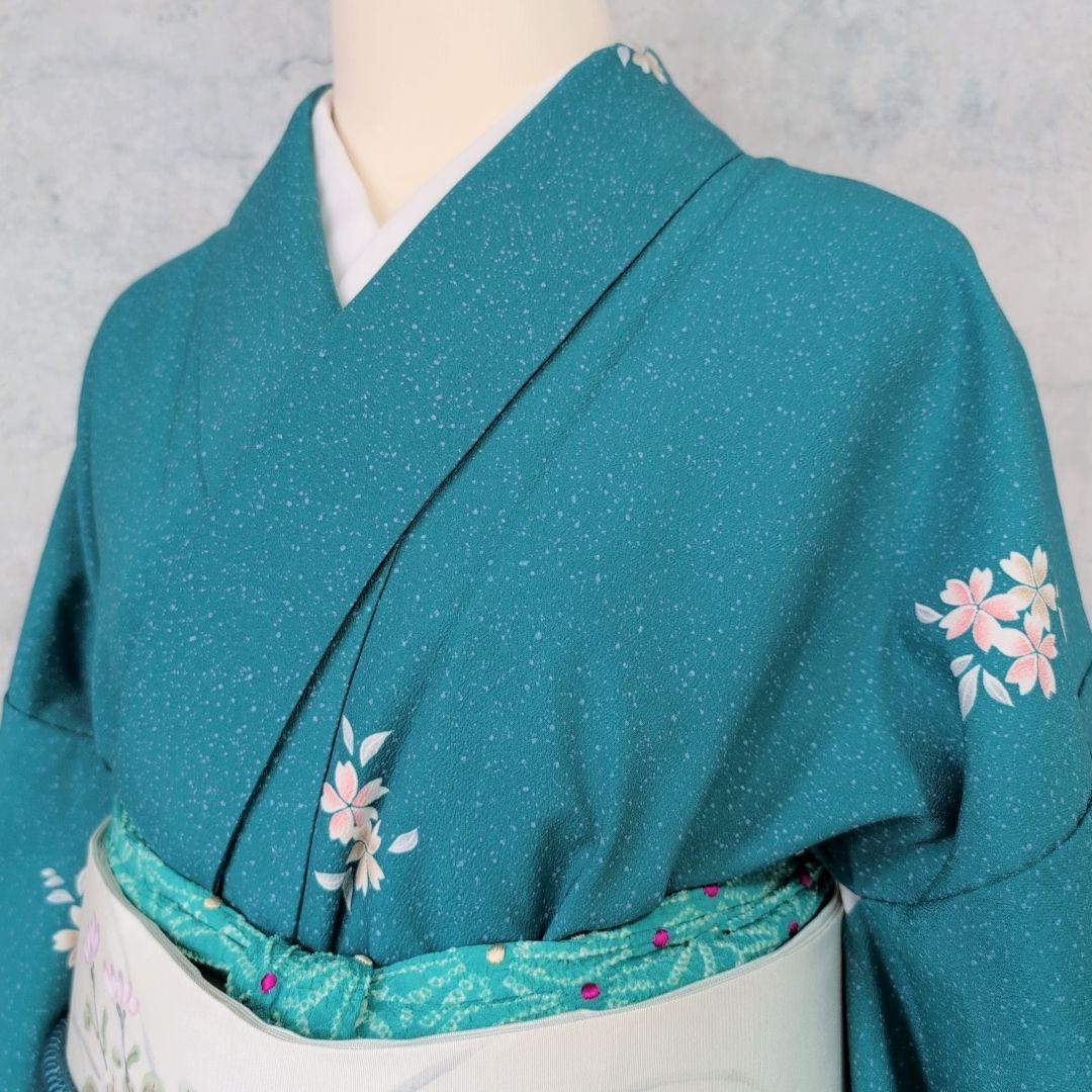 小紋　フルセット　着物　青緑　桜　着物美品　F5