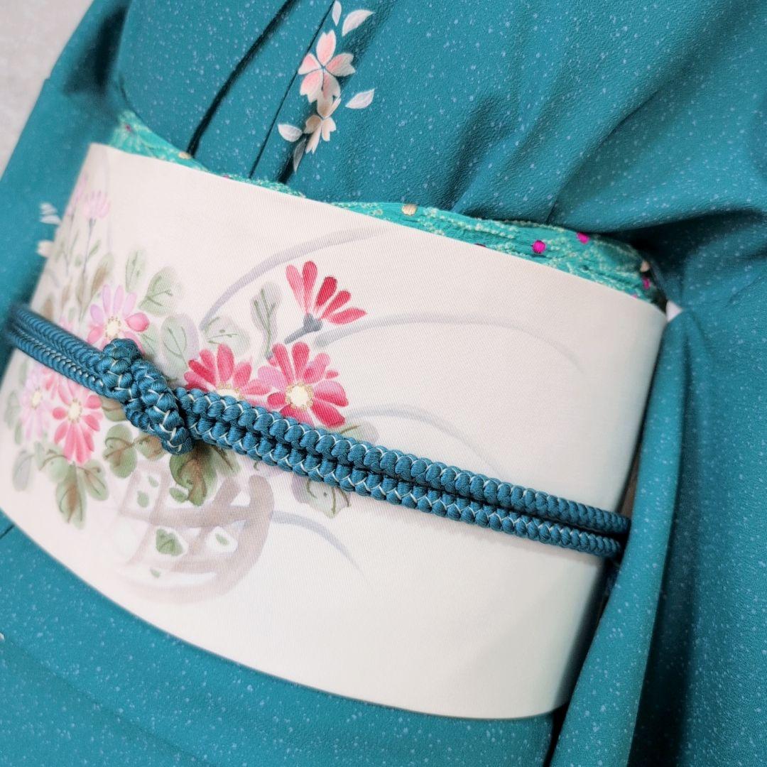 小紋　フルセット　着物　青緑　桜　着物美品　F5