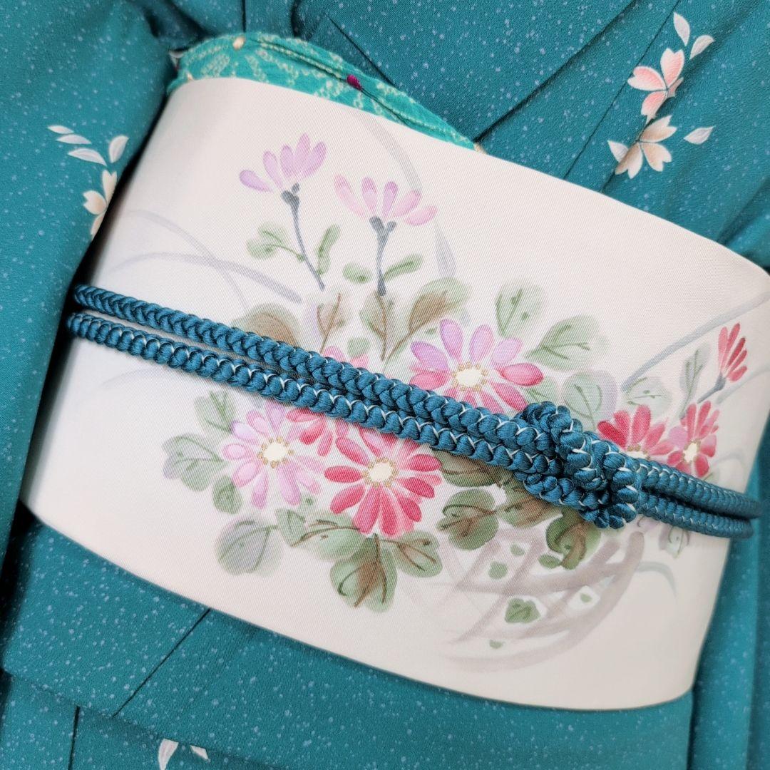 小紋　フルセット　着物　青緑　桜　着物美品　F5