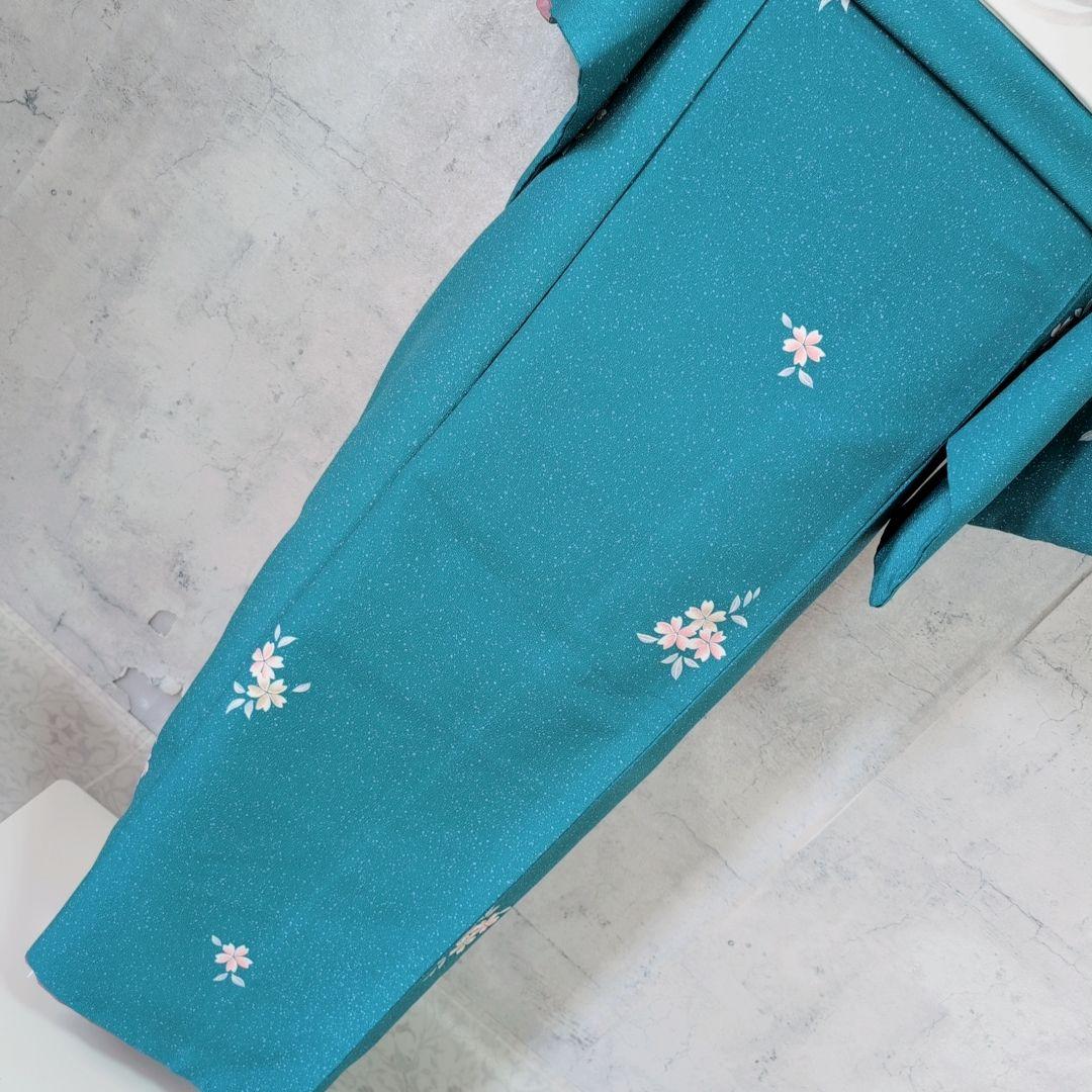 小紋　フルセット　着物　青緑　桜　着物美品　F5