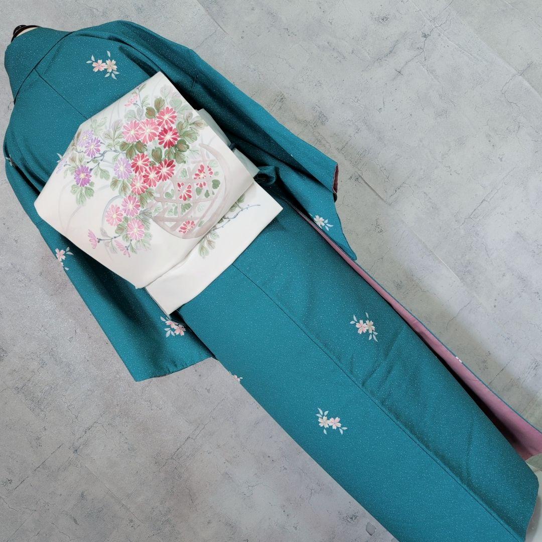 小紋　フルセット　着物　青緑　桜　着物美品　F5