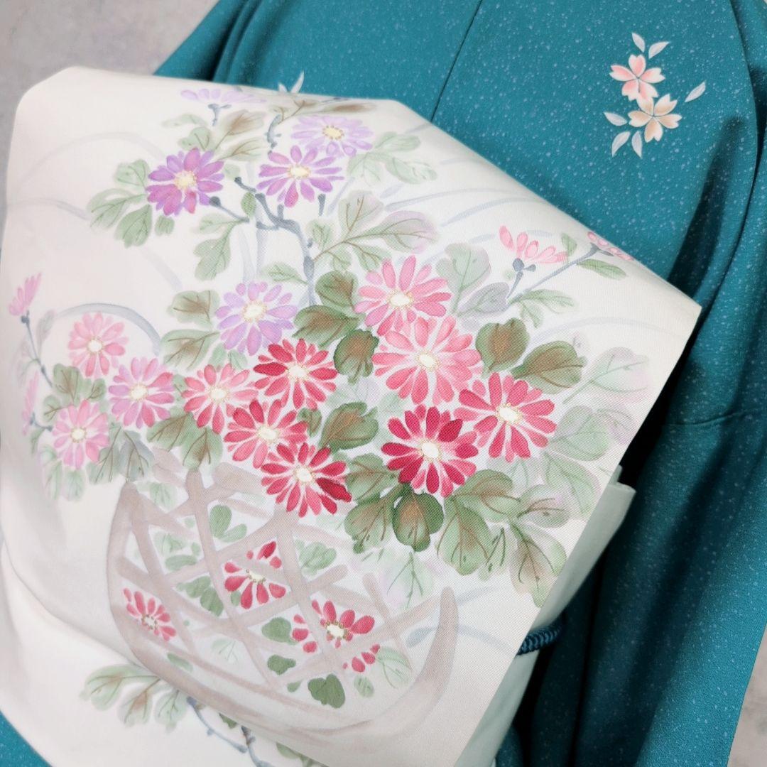 小紋　フルセット　着物　青緑　桜　着物美品　F5