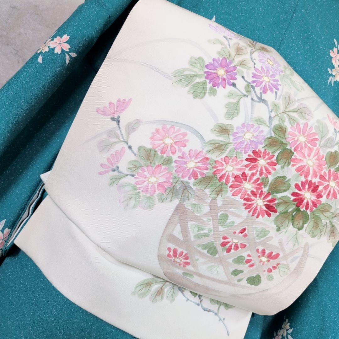 小紋　フルセット　着物　青緑　桜　着物美品　F5