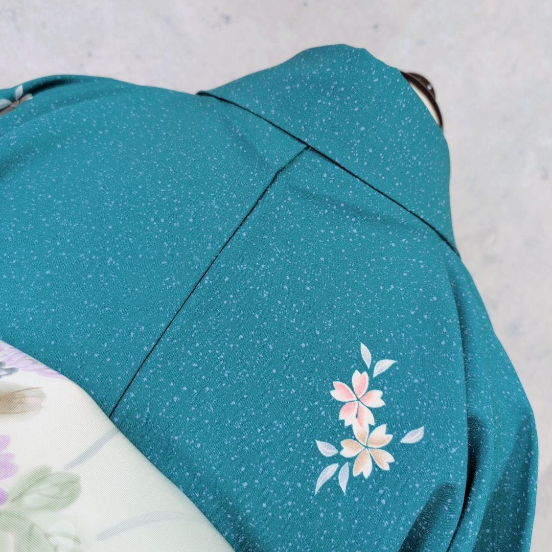 小紋　フルセット　着物　青緑　桜　着物美品　F5