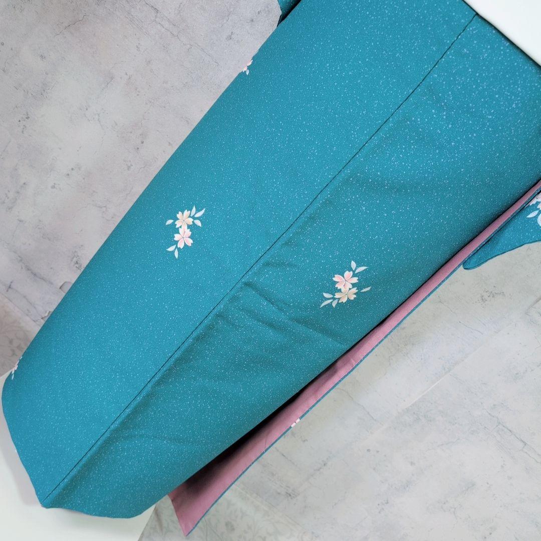 小紋　フルセット　着物　青緑　桜　着物美品　F5