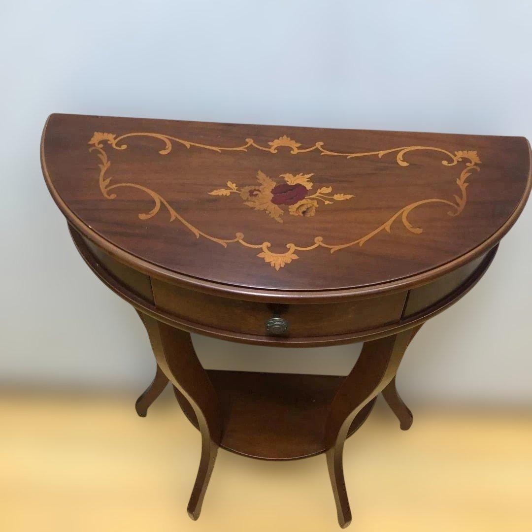 送料無料 クラシック調 半円コンソールテーブル 象嵌風 引き出し付 251127