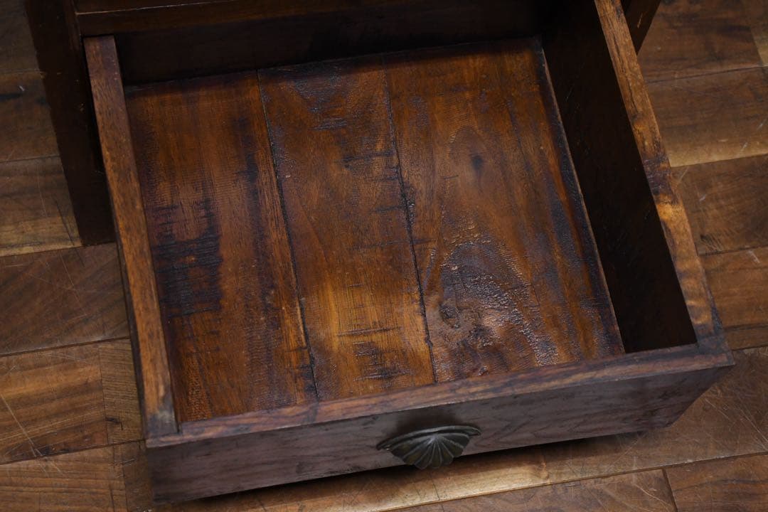 EEK59 アジアンアンティーク調 2段 サイドチェスト シーシャムウッド無垢材