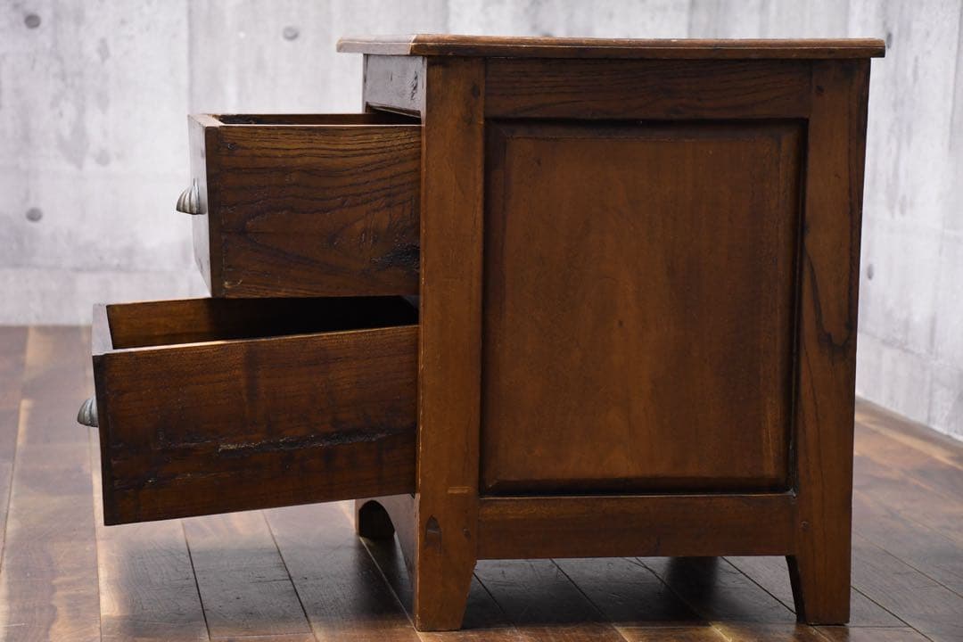 EEK59 アジアンアンティーク調 2段 サイドチェスト シーシャムウッド無垢材