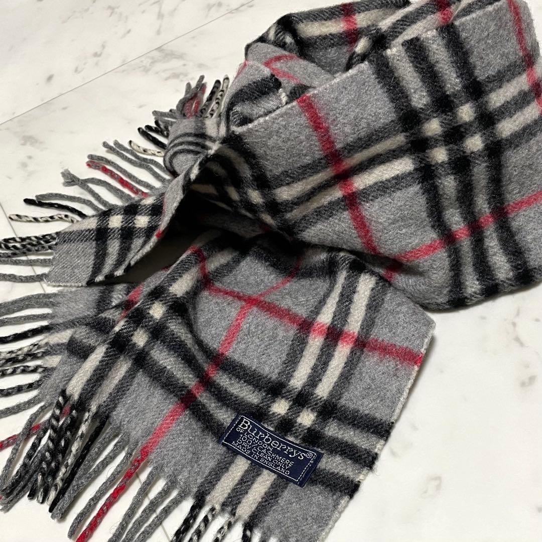美品⭐️BURBERRYLONDON カシミヤマフラー グレーノバチェック 英国製