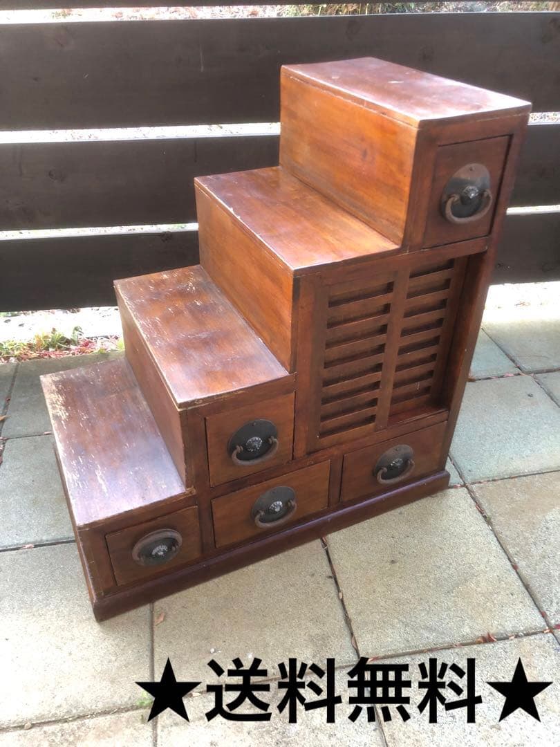 階段箪笥　両開き４段　昭和レトロ　古道具　アンティーク　骨董