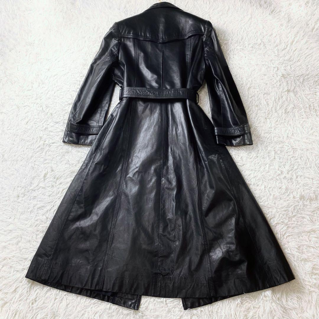 ○美品 牛革 本革 レザー トレンチコート ロングコート ウエストリボン 黒