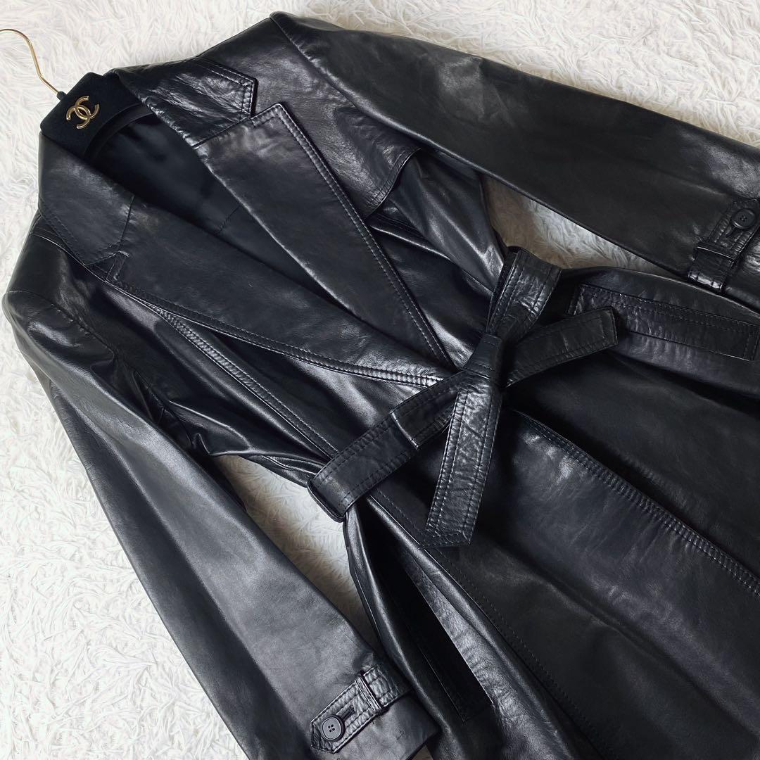 ○美品 牛革 本革 レザー トレンチコート ロングコート ウエストリボン 黒