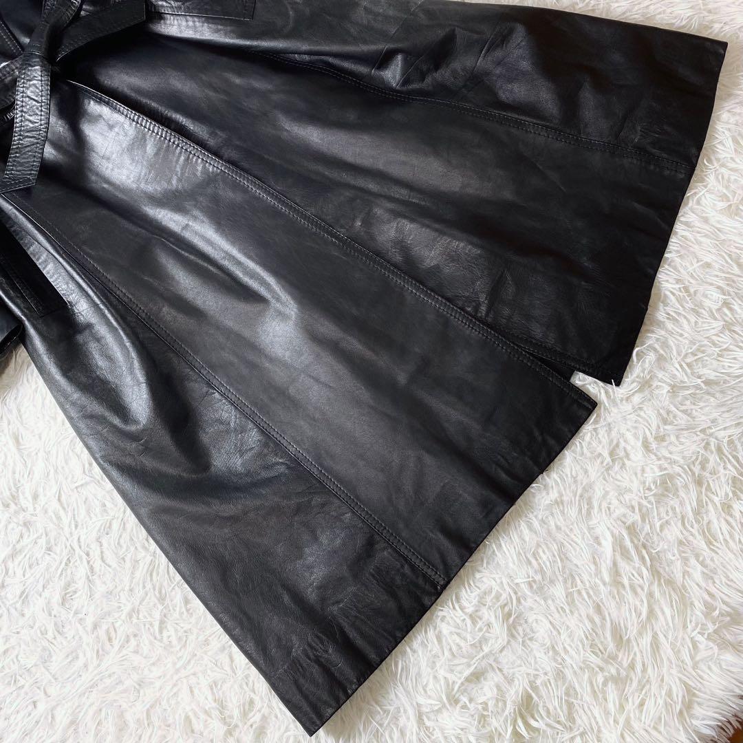 ○美品 牛革 本革 レザー トレンチコート ロングコート ウエストリボン 黒