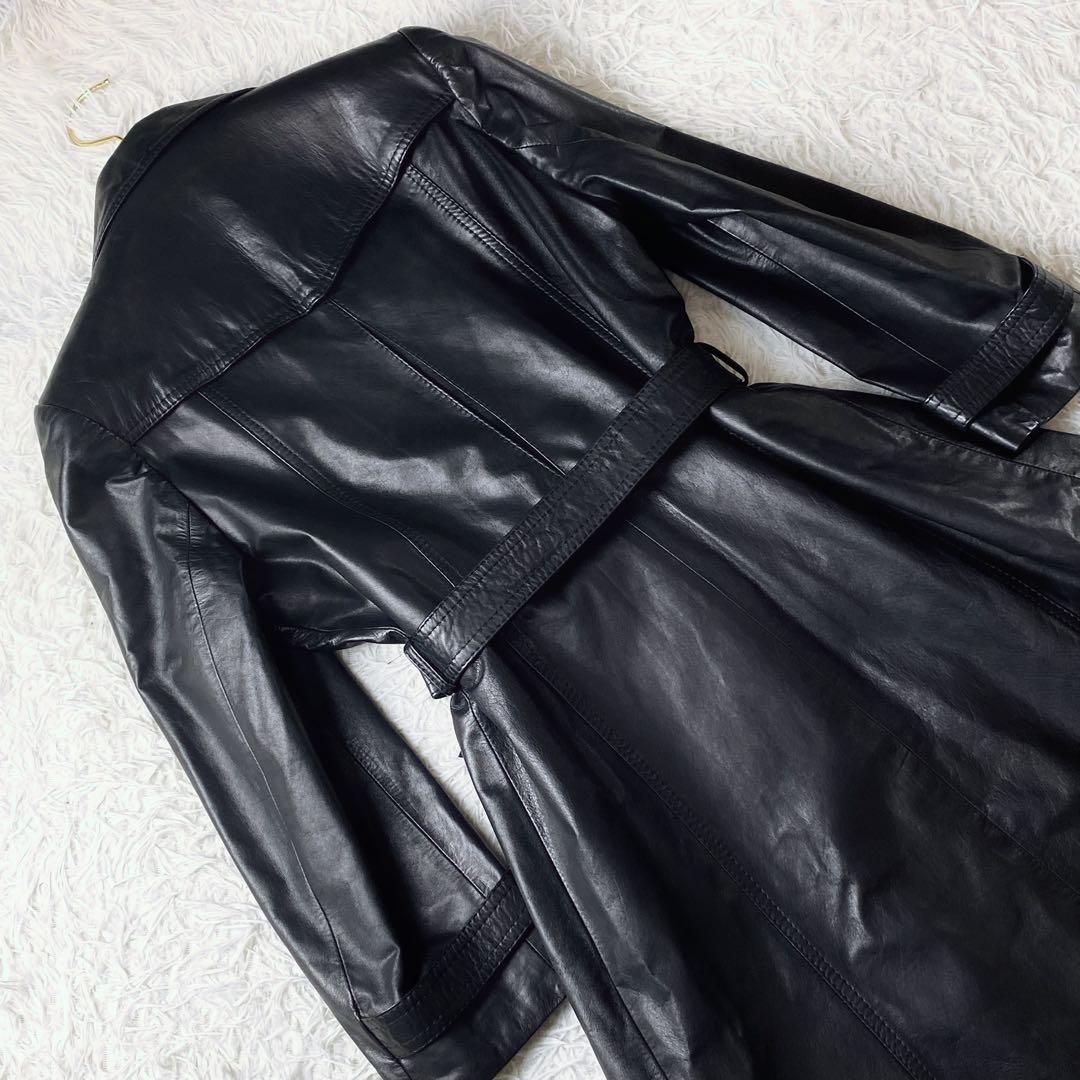 ○美品 牛革 本革 レザー トレンチコート ロングコート ウエストリボン 黒