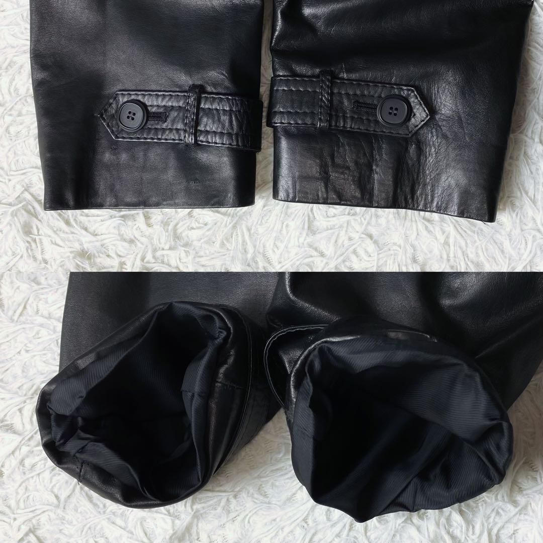 ○美品 牛革 本革 レザー トレンチコート ロングコート ウエストリボン 黒