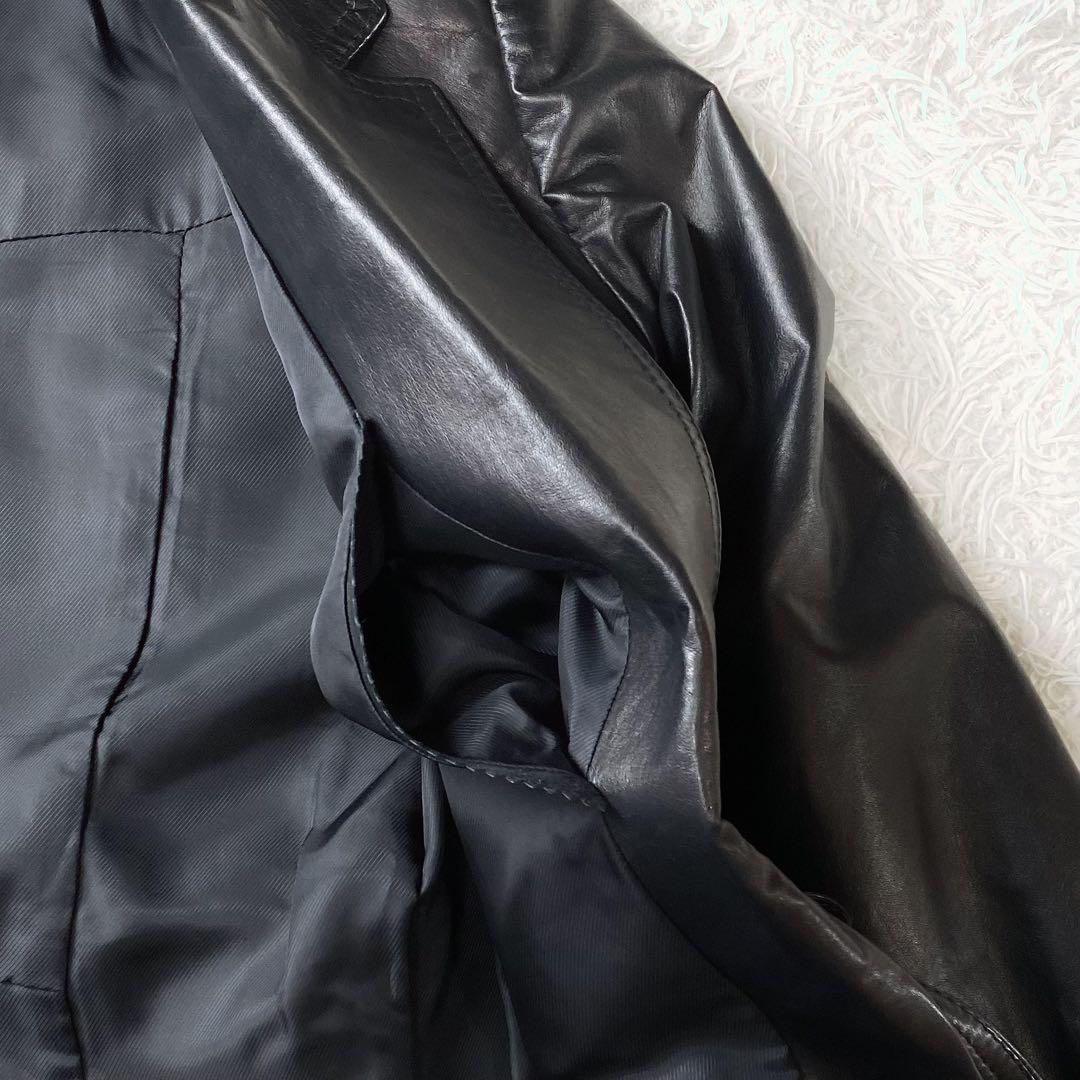 ○美品 牛革 本革 レザー トレンチコート ロングコート ウエストリボン 黒