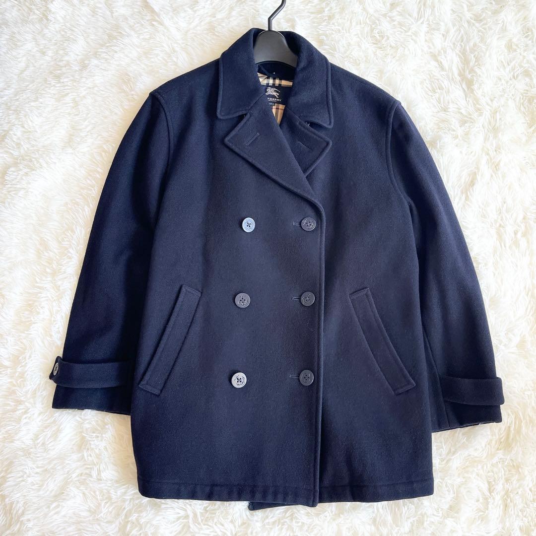 美品　バーバリー　ウールピーコート　中わたライナー付き　ノバチェック　ネイビー