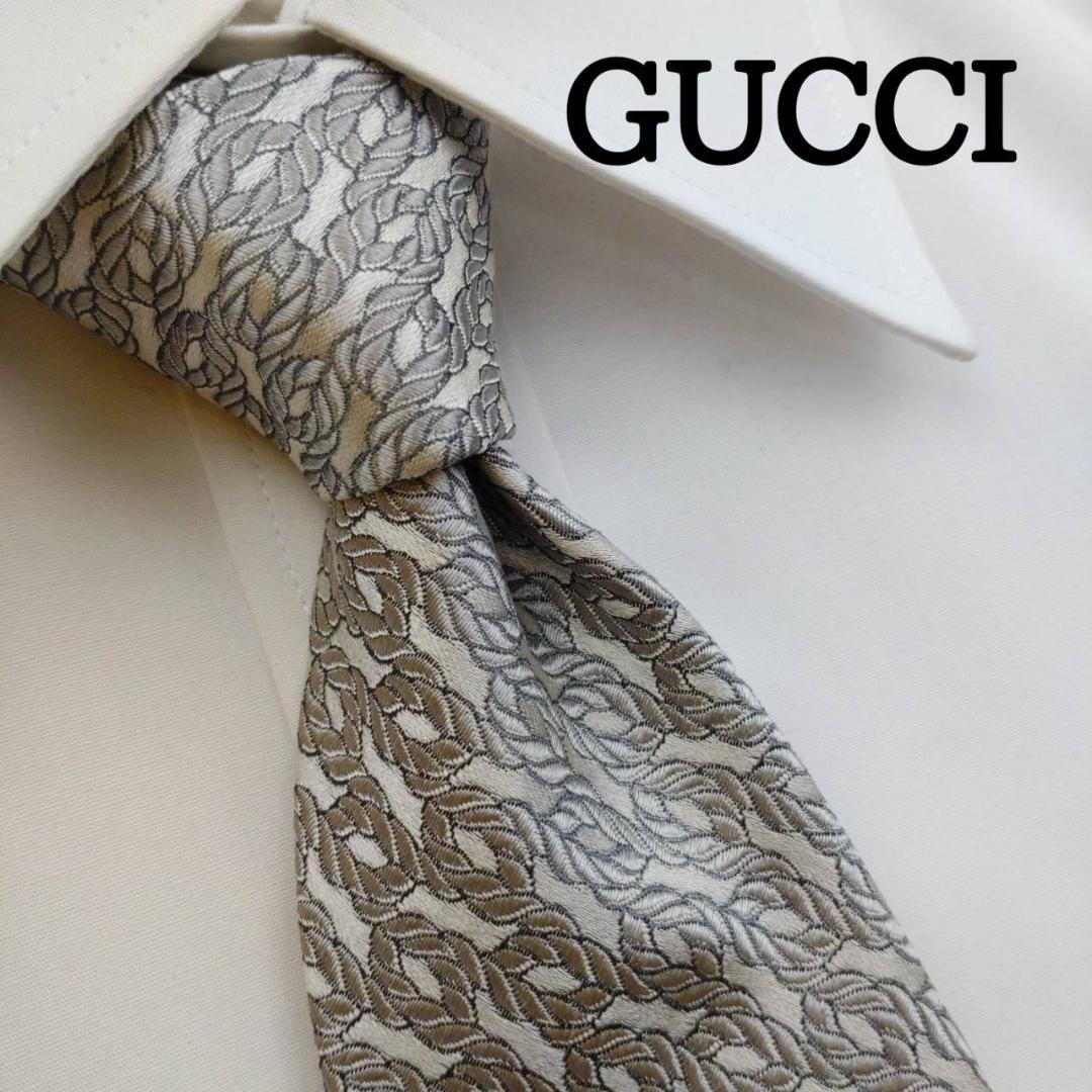 ★美品★ グッチ 高級シルクネクタイ 総柄 ライトグレー