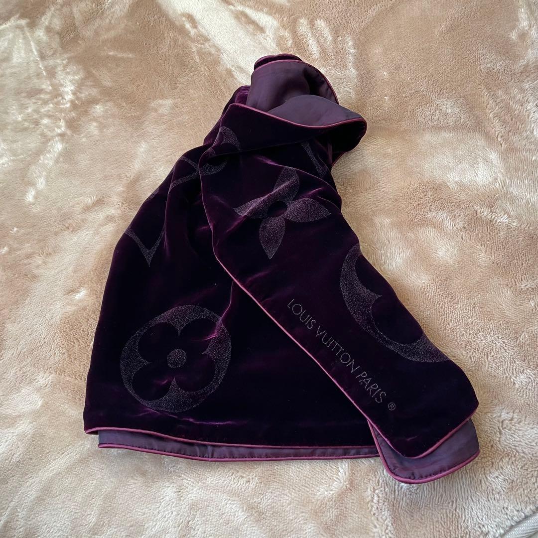 極美品　ヴィトン　マフラー ストール モノグラム ベルベット ワインレッド