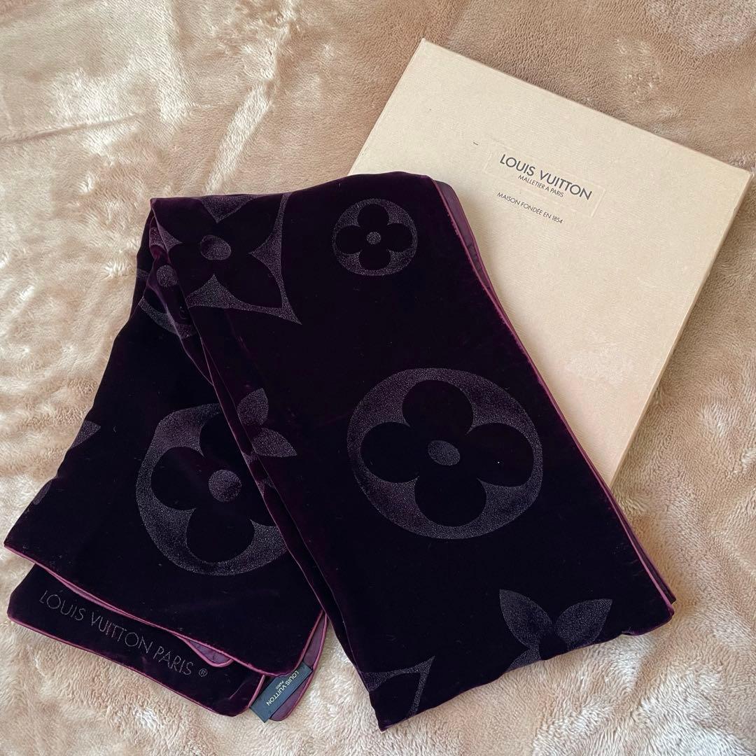 極美品　ヴィトン　マフラー ストール モノグラム ベルベット ワインレッド