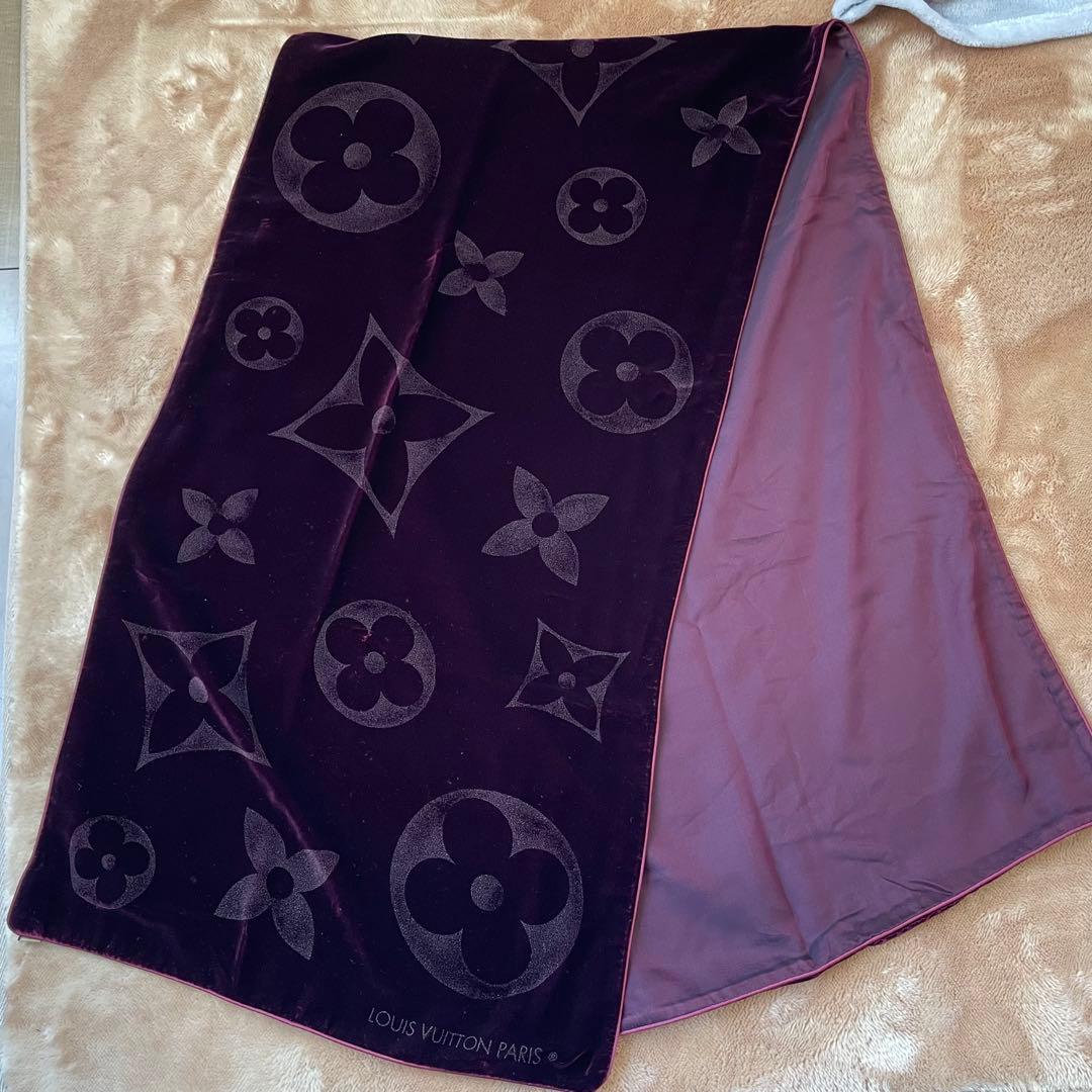 極美品　ヴィトン　マフラー ストール モノグラム ベルベット ワインレッド