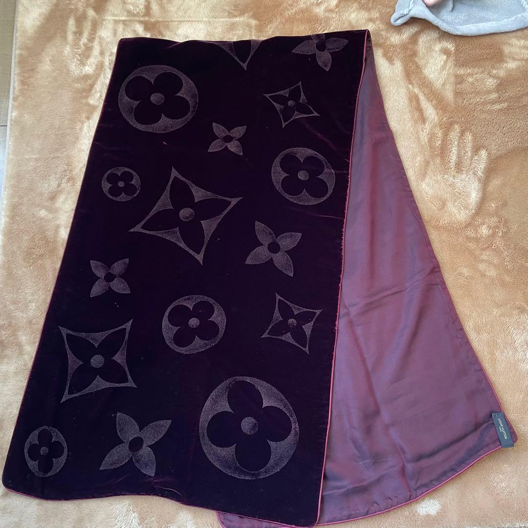 極美品　ヴィトン　マフラー ストール モノグラム ベルベット ワインレッド