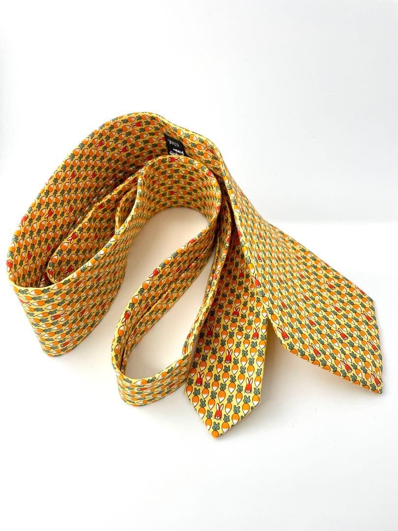 美品 エルメス ネクタイ ハイブランド うさぎ 野菜 アニマル イエロー高級