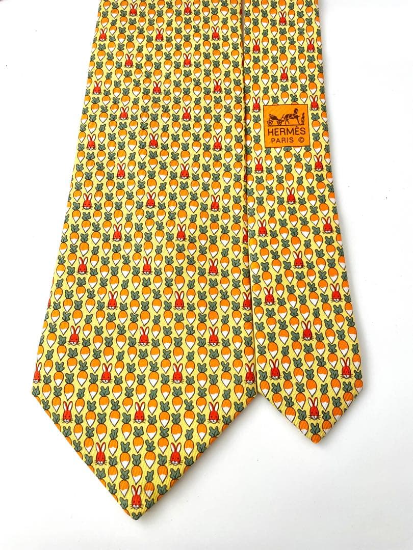 美品 エルメス ネクタイ ハイブランド うさぎ 野菜 アニマル イエロー高級