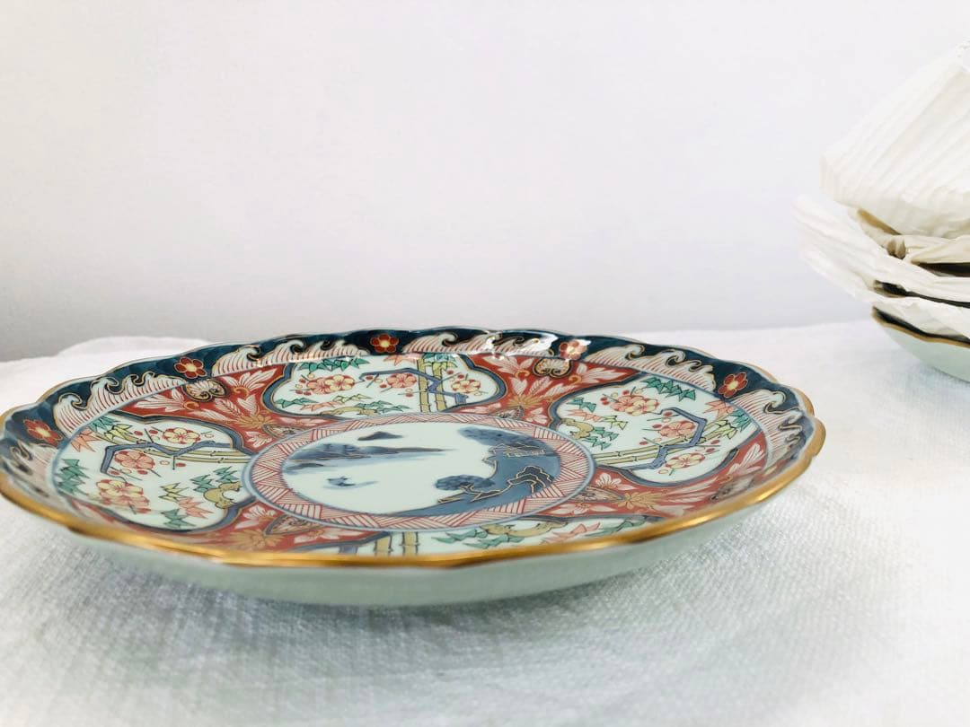 【未使用品】有田焼　清右衛門　松竹梅山水図　平皿　5枚　18.5㎝