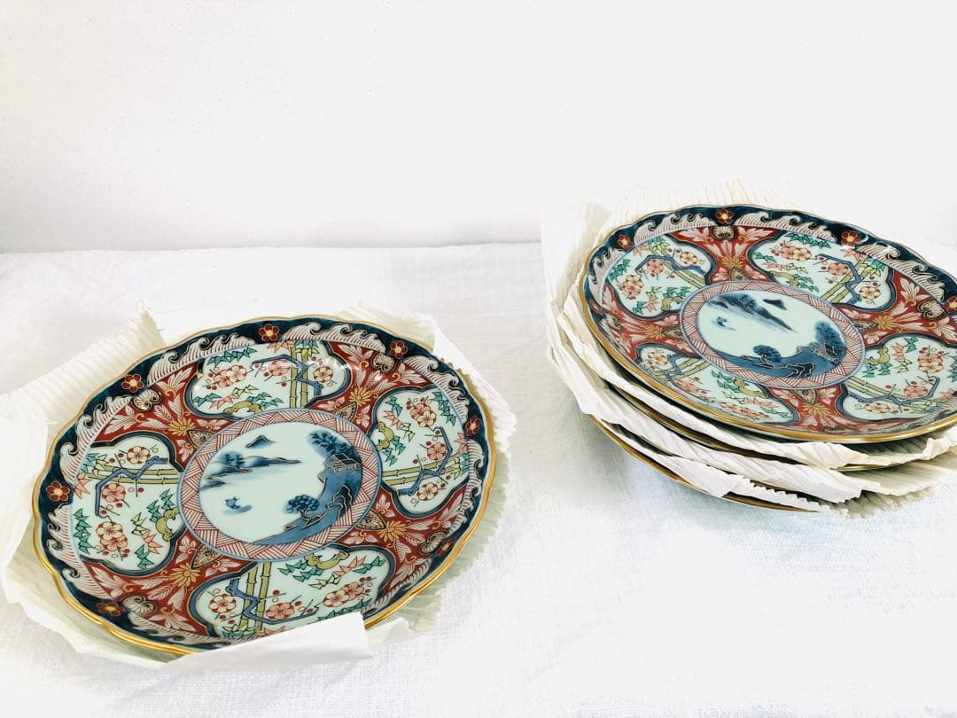 【未使用品】有田焼　清右衛門　松竹梅山水図　平皿　5枚　18.5㎝