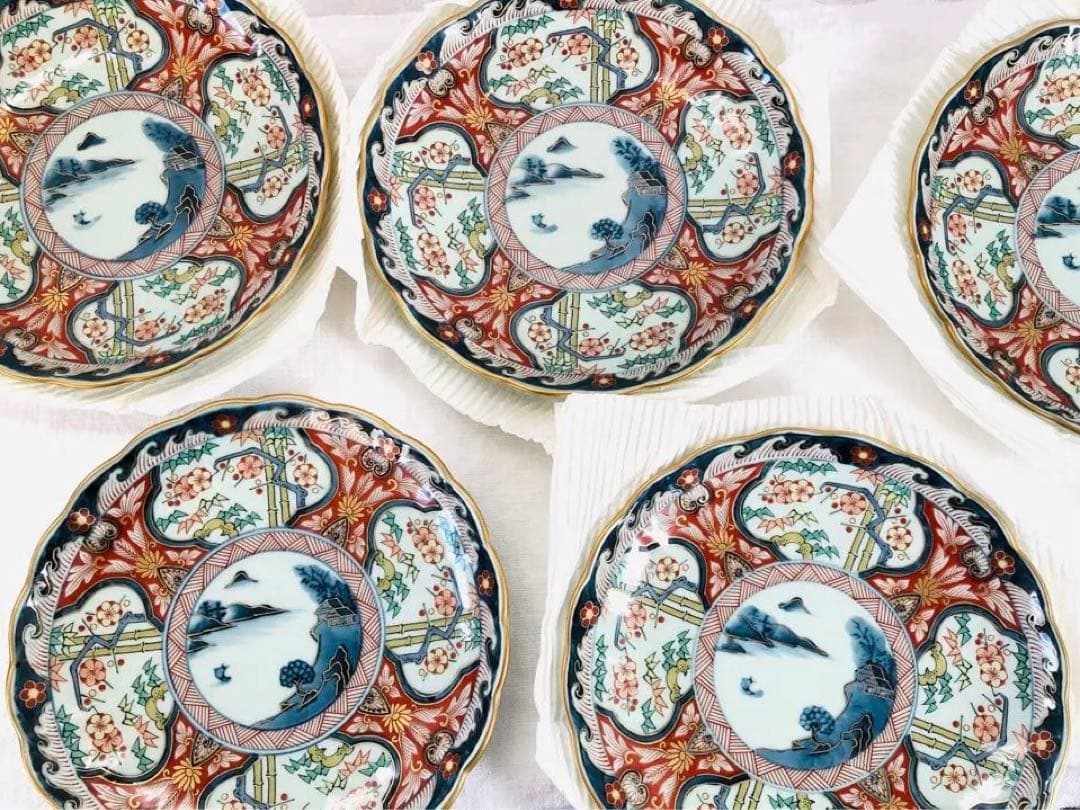 【未使用品】有田焼　清右衛門　松竹梅山水図　平皿　5枚　18.5㎝