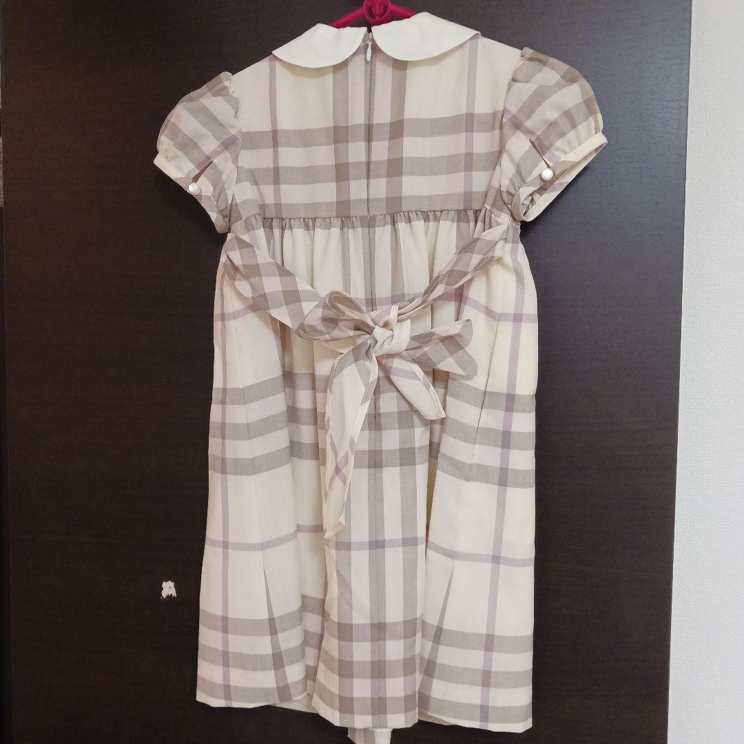 BURBERRY120白チェック柄 半袖ワンピース ベージュ系