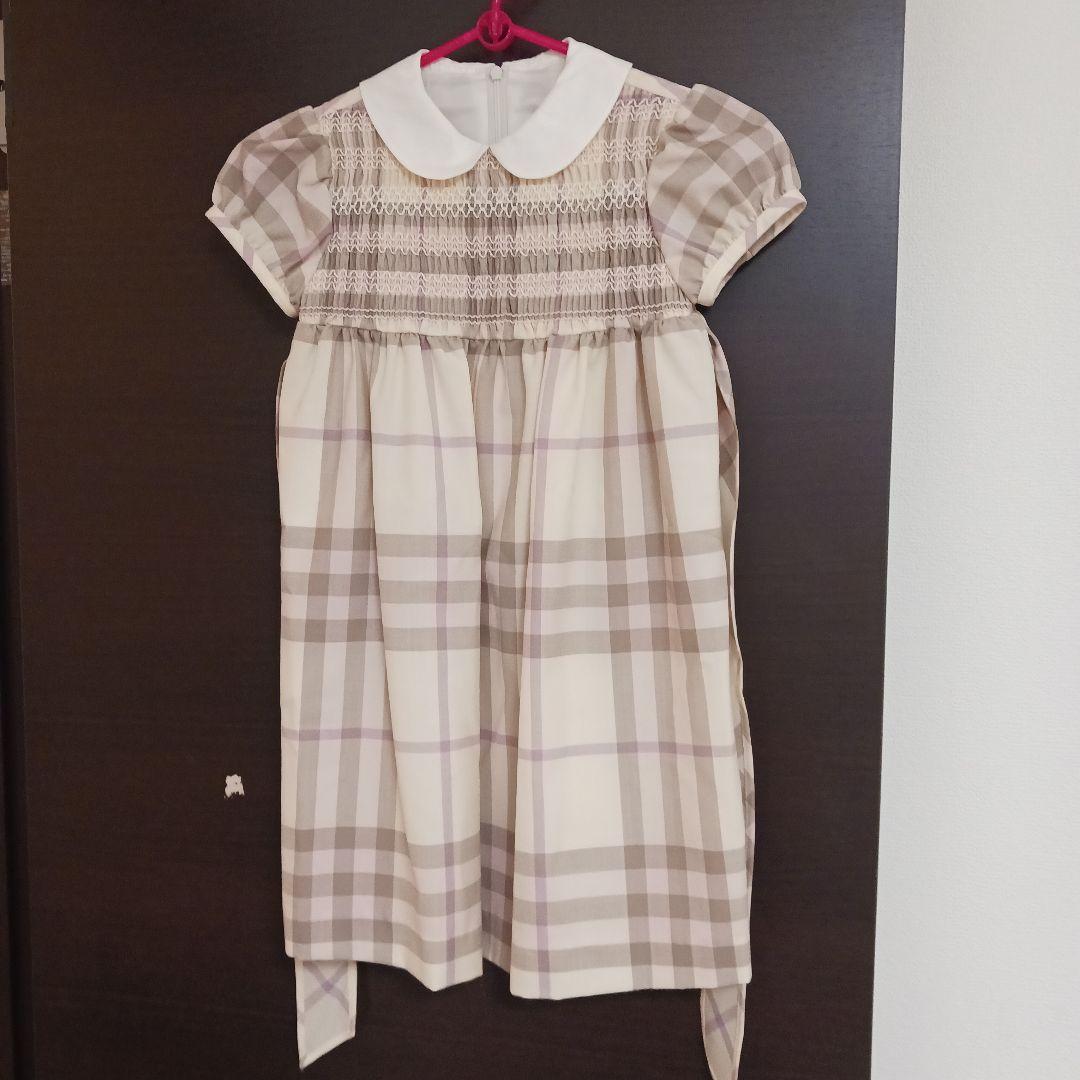 BURBERRY120白チェック柄 半袖ワンピース ベージュ系