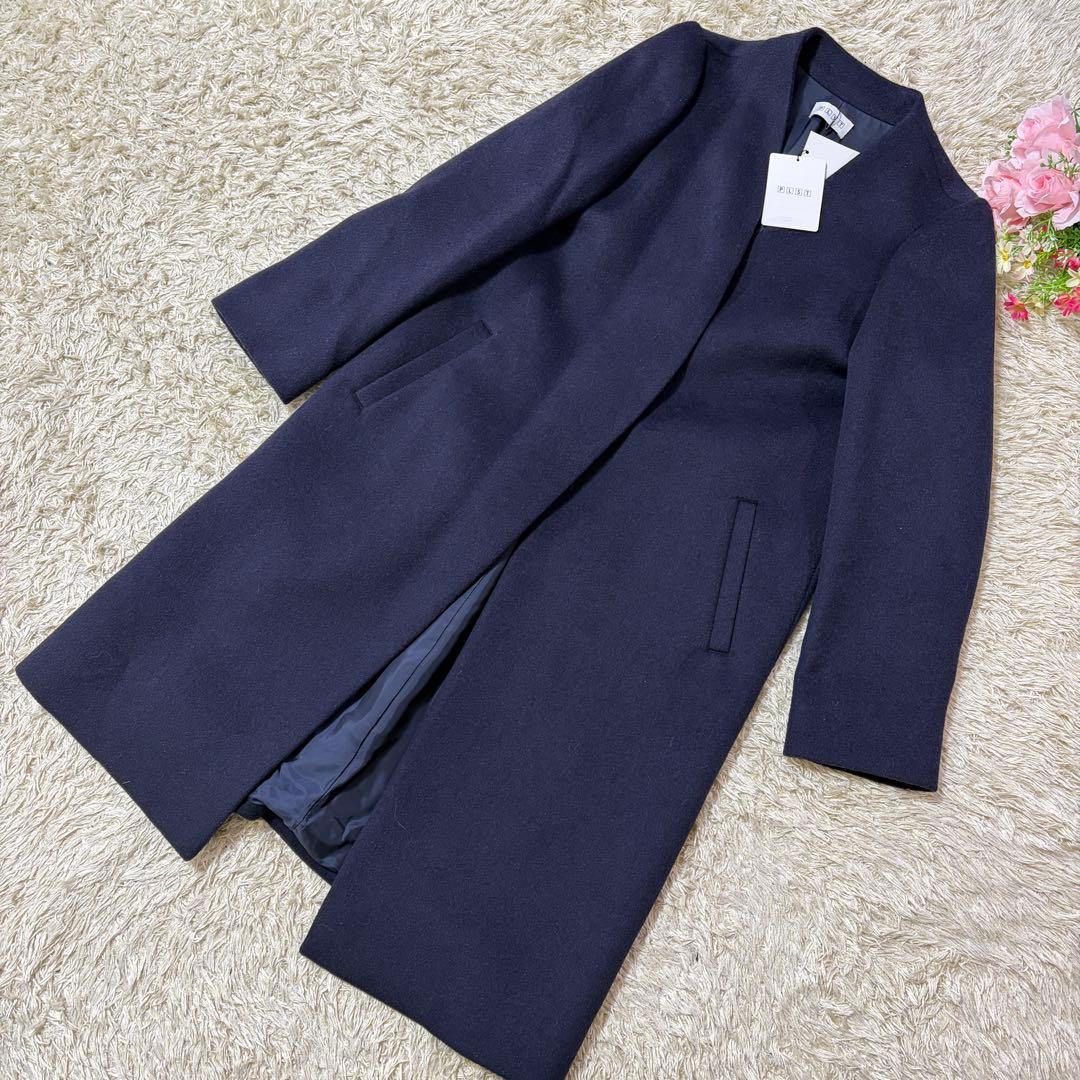 新品 PLST ウールモッサカラーレスコート Sサイズ ネイビー