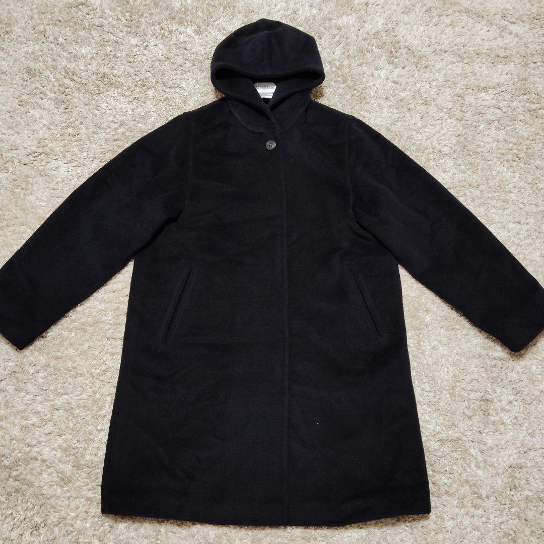 美品 MaxMara ロングコート カシミア 黒 フード 現行タグ S ロング丈
