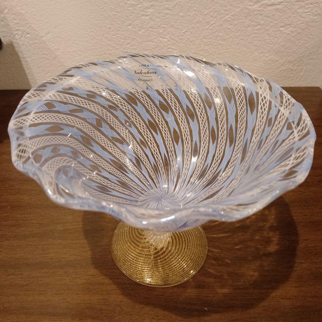 ベネチアンガラス　ムラノ　MURANO　コンポート　水色　レース　インテリア