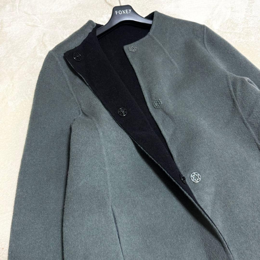 美品 東京ソワール カシミヤ混 近年 ノーカラー リバーコート リバーシブル