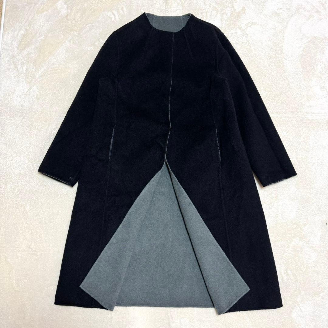 美品 東京ソワール カシミヤ混 近年 ノーカラー リバーコート リバーシブル