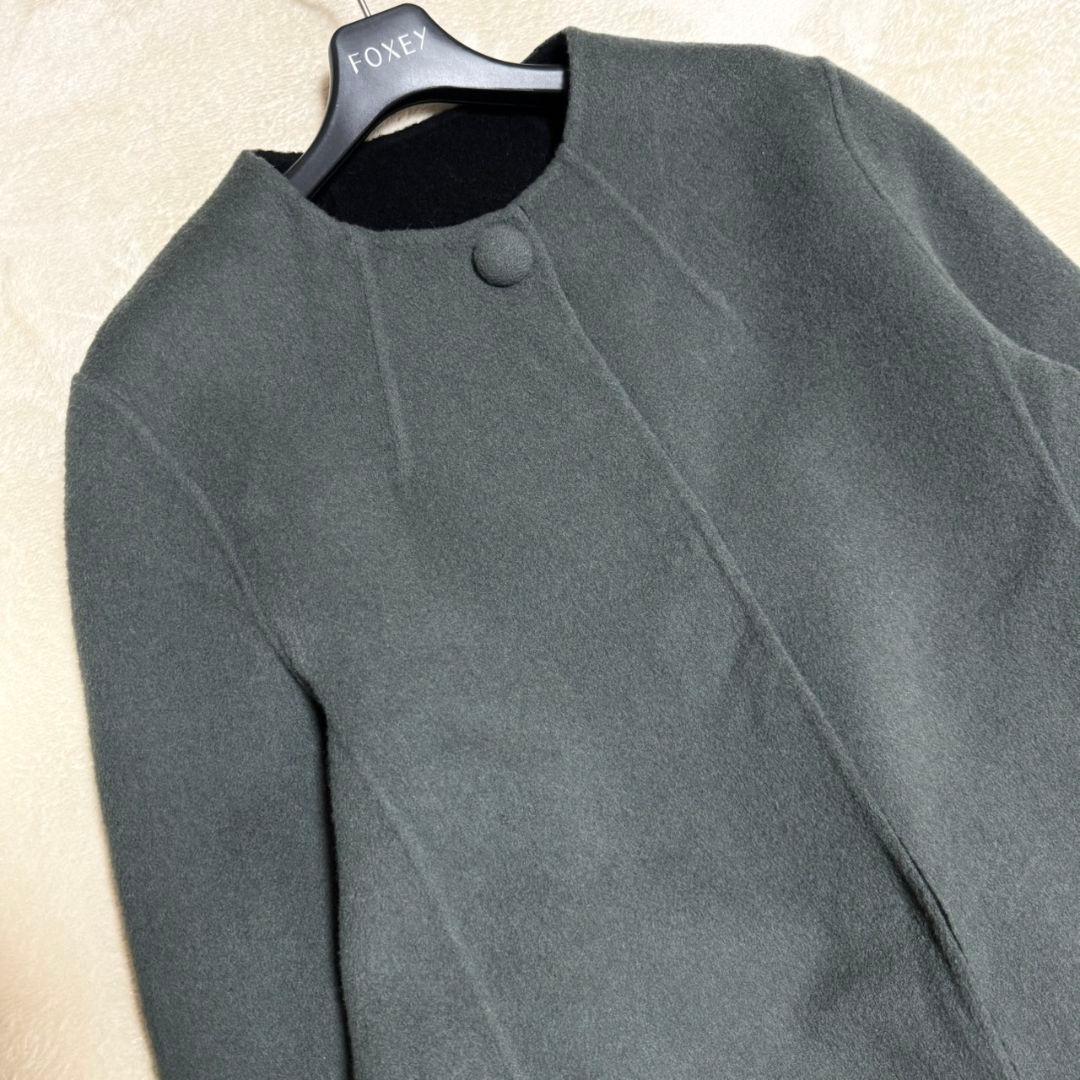 美品 東京ソワール カシミヤ混 近年 ノーカラー リバーコート リバーシブル