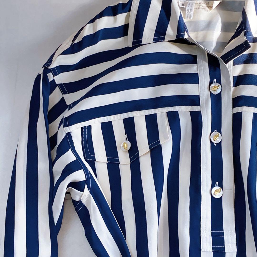 美品 フェラガモ シルク100 シャツワンピース ロゴボタン グログランリボン