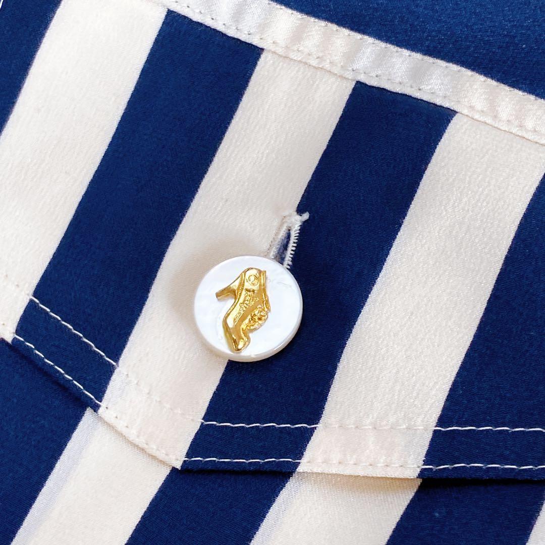 美品 フェラガモ シルク100 シャツワンピース ロゴボタン グログランリボン