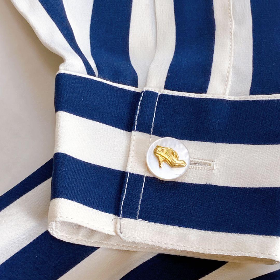 美品 フェラガモ シルク100 シャツワンピース ロゴボタン グログランリボン