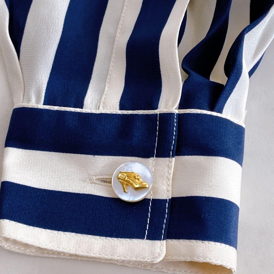 美品 フェラガモ シルク100 シャツワンピース ロゴボタン グログランリボン