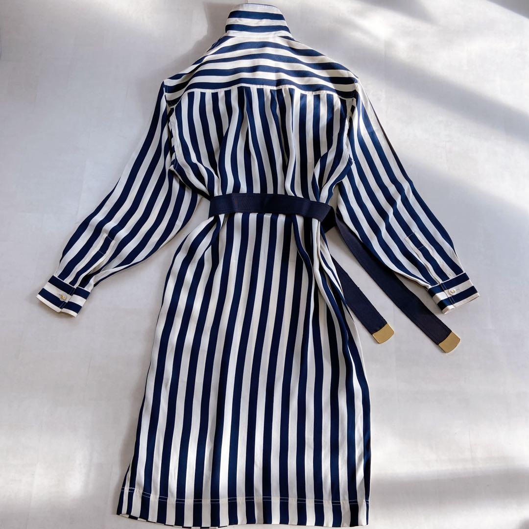 美品 フェラガモ シルク100 シャツワンピース ロゴボタン グログランリボン